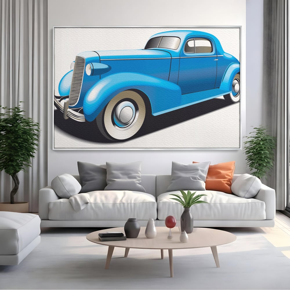 Tablou canvas cu ilustratie cu masina de epoca albastra, in rama de aluminiu argintiu, pe perete intr-un living